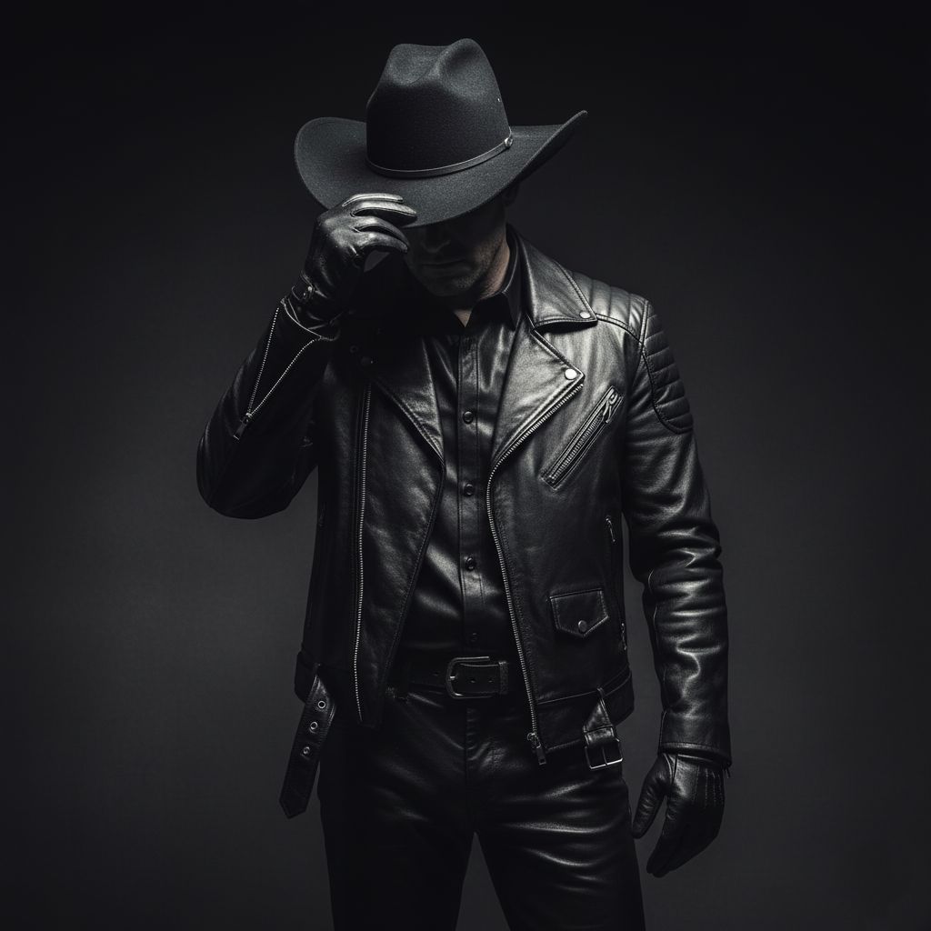 Dominant man in leather harness and gear